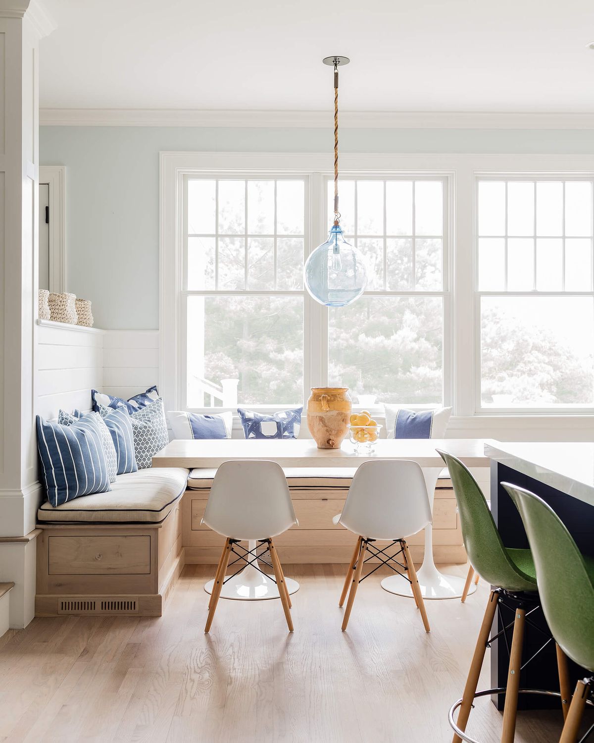 Blue and white coastal kitchen nook ALT view