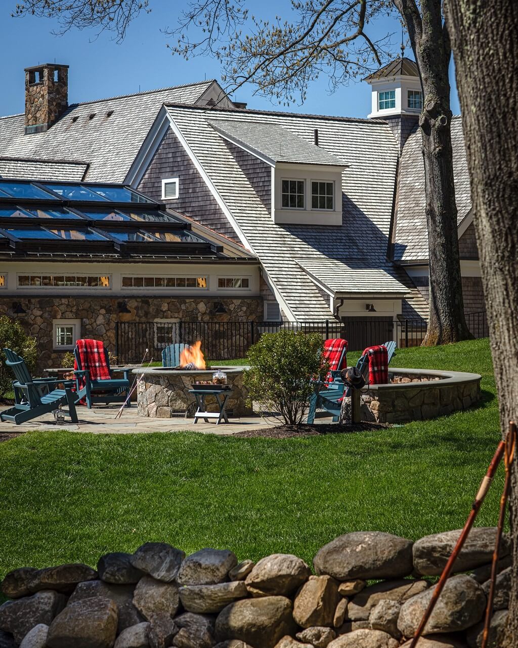 Barn with firepit and seating area