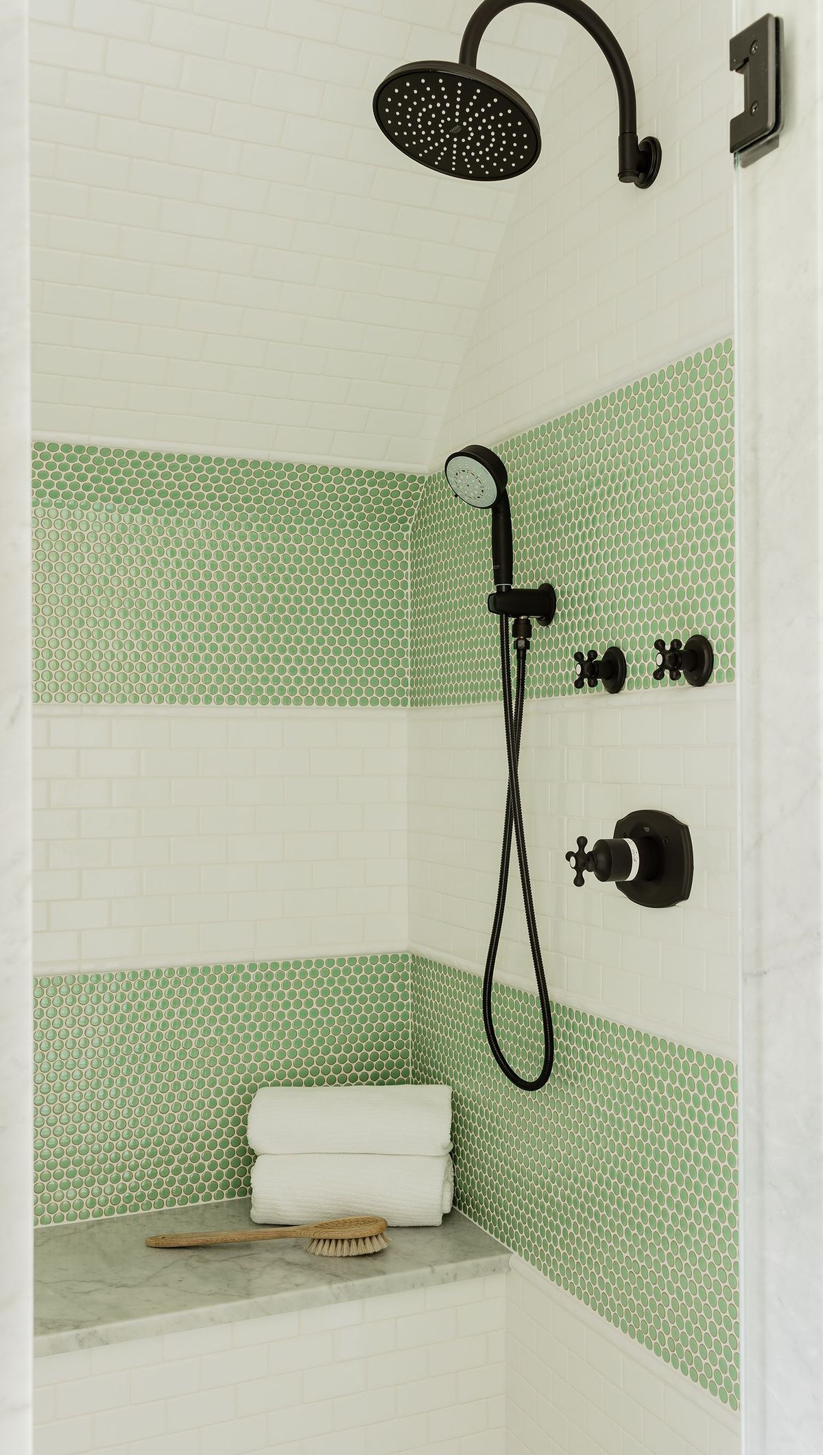 21 Northshore Farmhouse Guest Bathroom Green Tile Shower Detail photo by Michael J. Lee