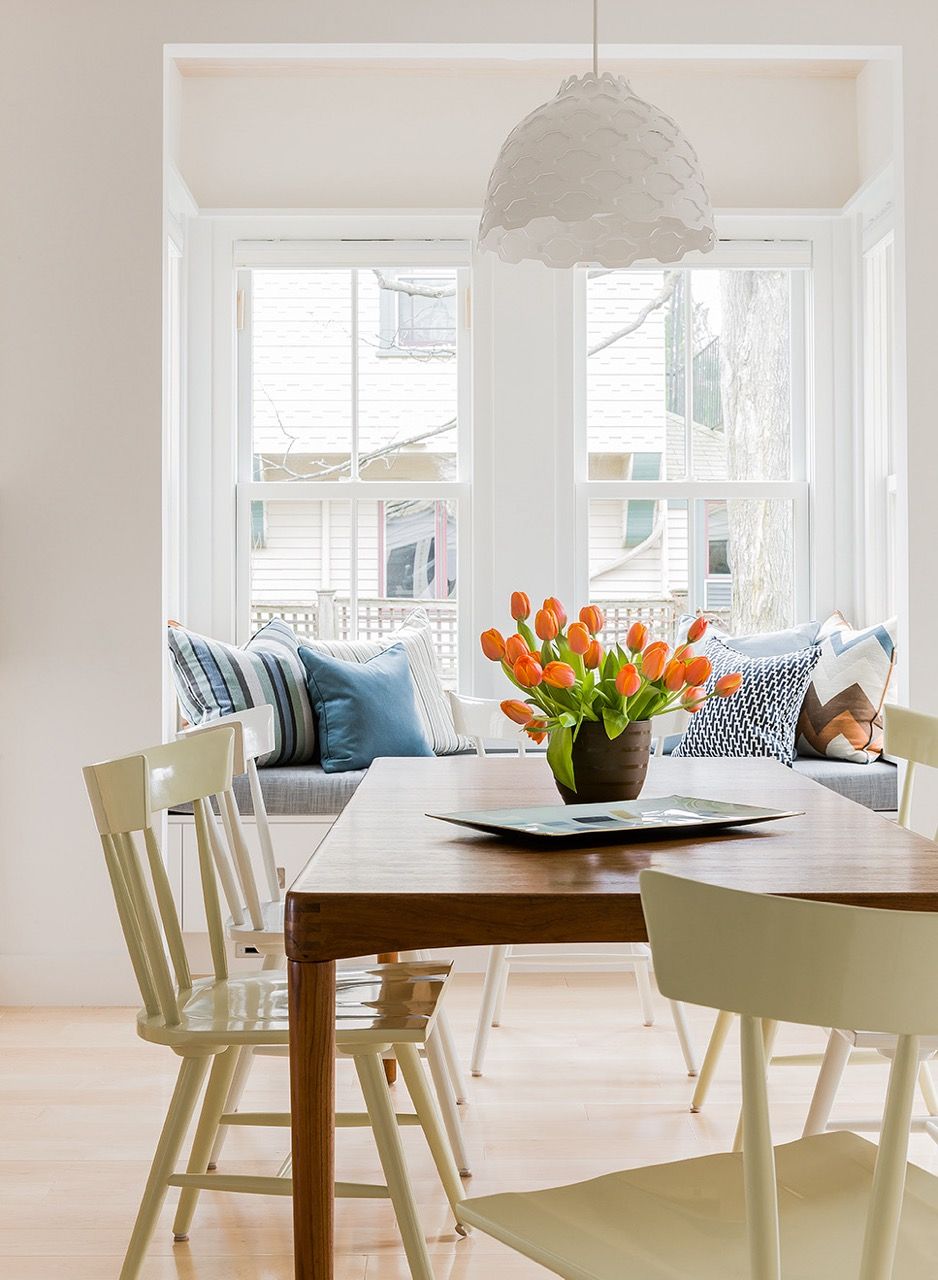 Modern dining area with tulips