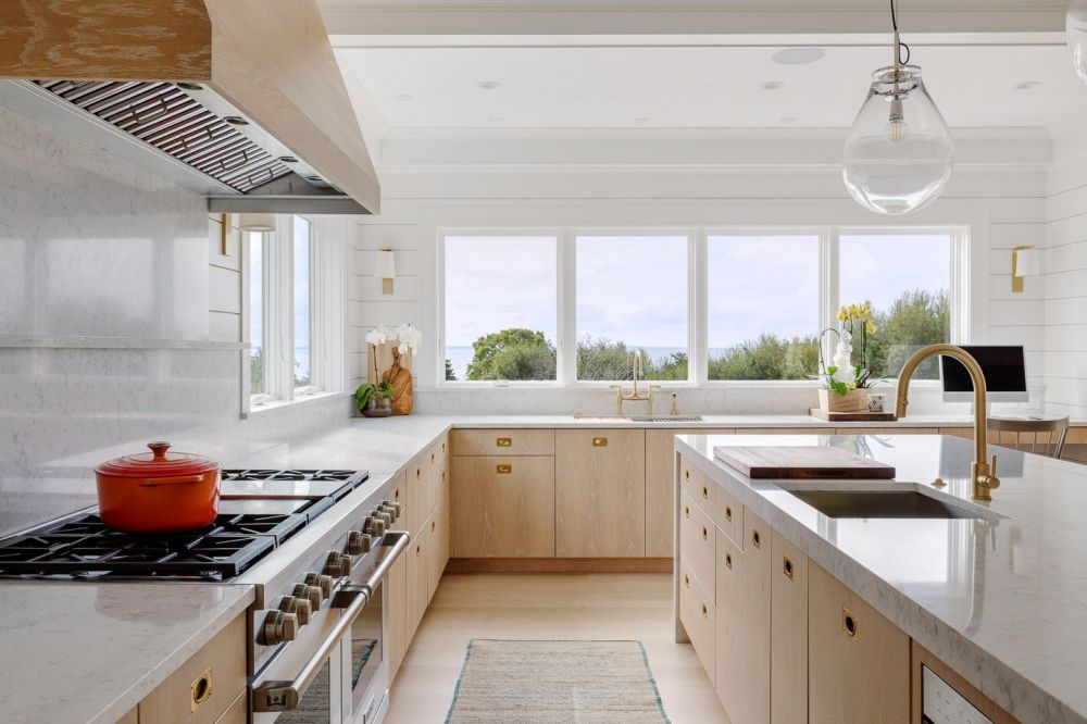 Coastal oak kitchen with view of Buzzards Bay