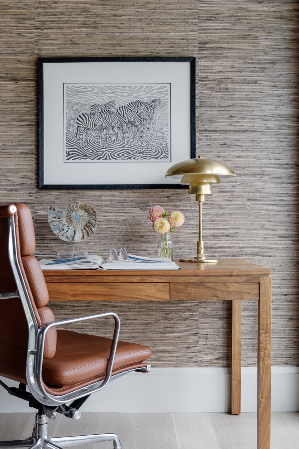 Detail home office with zebra print over desk