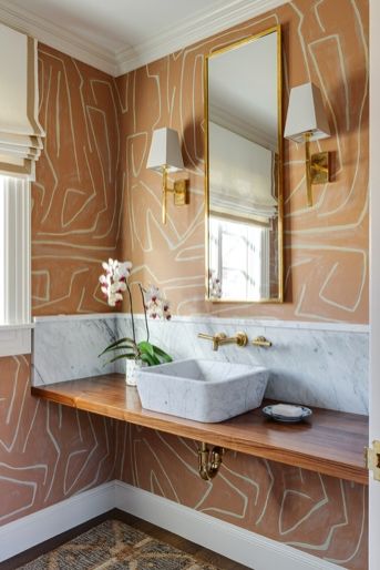 Bathroom sink with abstract contour wallpaper