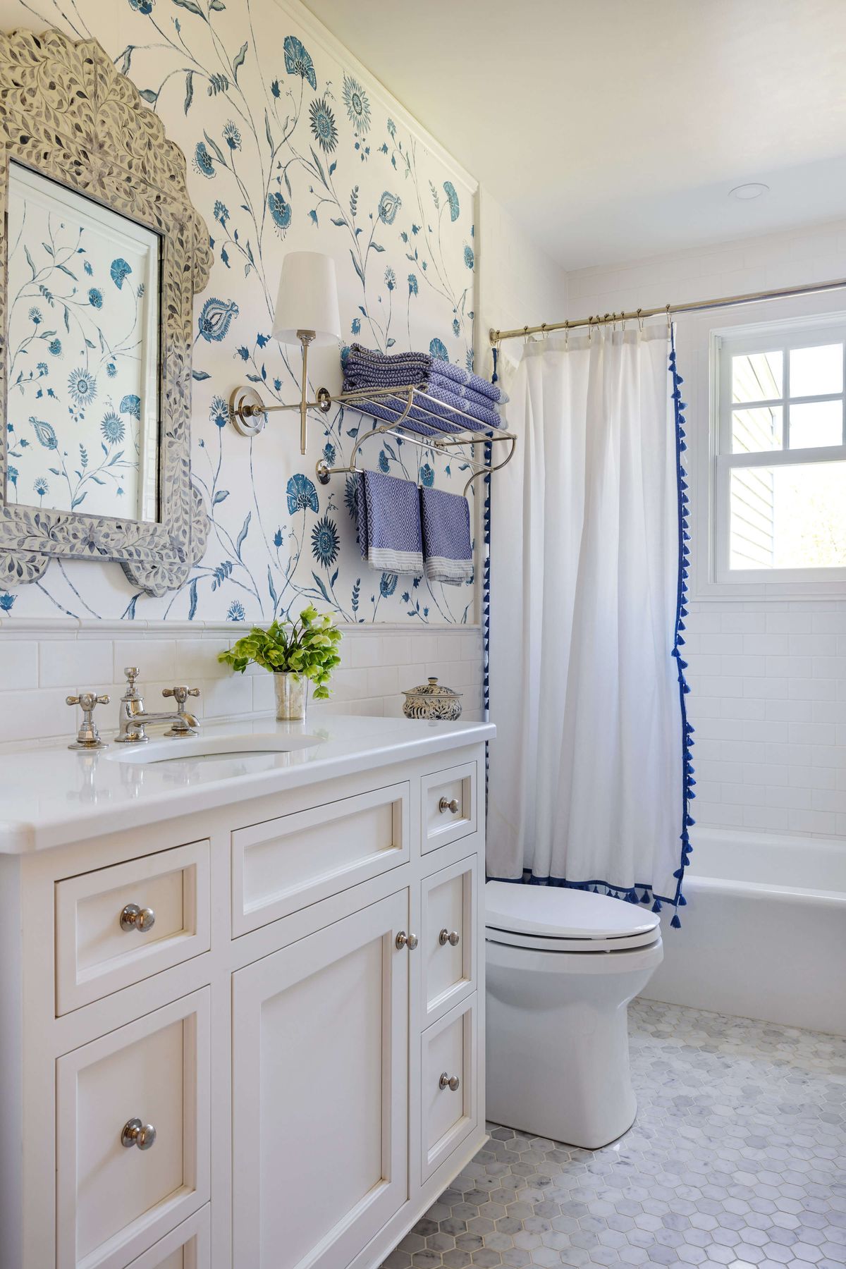 Guest Bathroom with blue and white wallpaper
