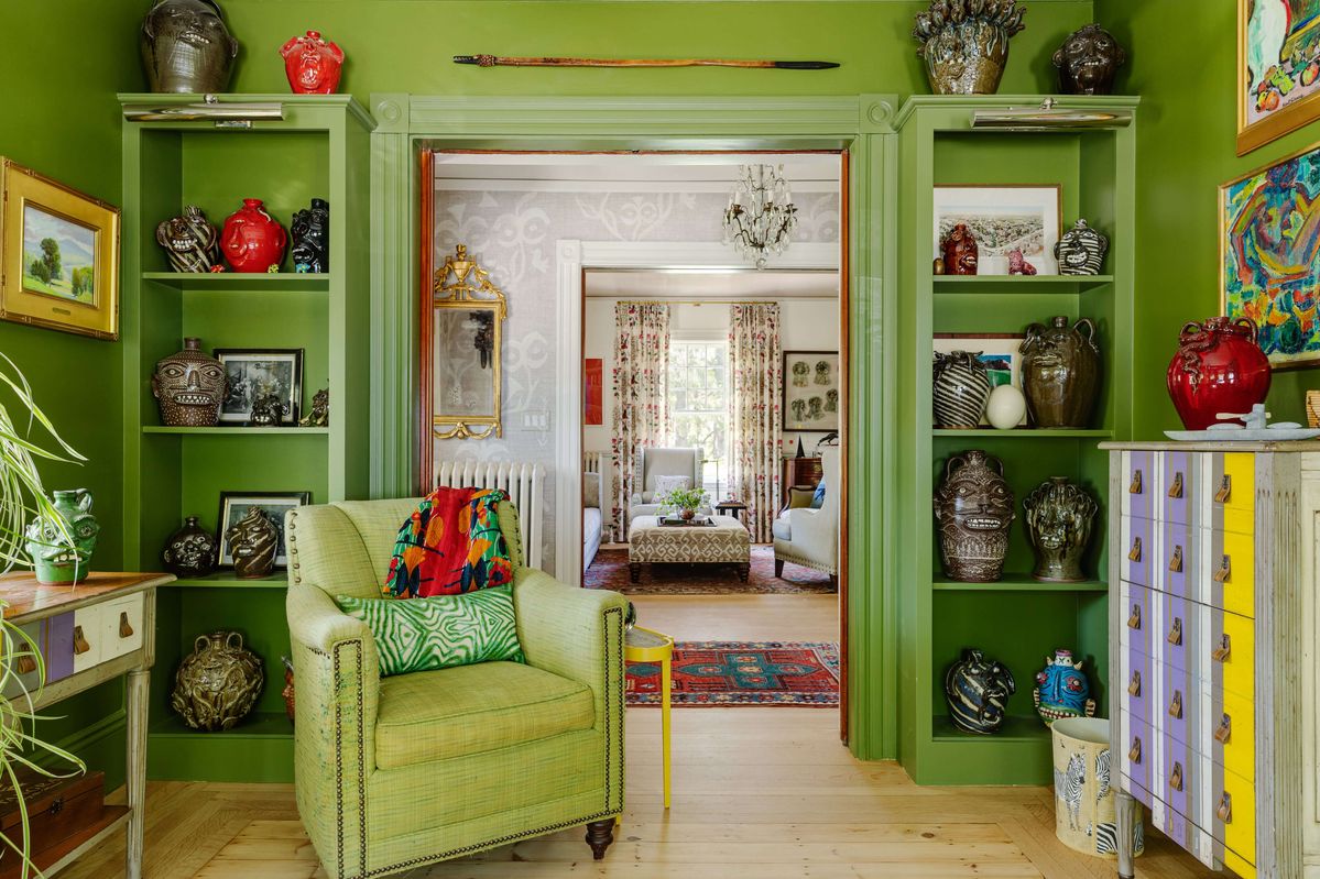 Living Room with collection of face jugs